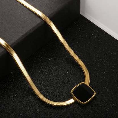 Gold flat snake chain herringbone necklace stainless steel simple blade chain with black square enamel pendant chokar