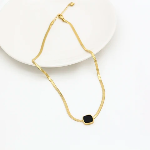 Gold flat snake chain herringbone necklace stainless steel simple blade chain with black square enamel pendant chokar