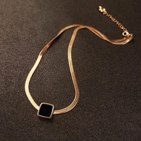 Gold flat snake chain herringbone necklace stainless steel simple blade chain with black square enamel pendant chokar