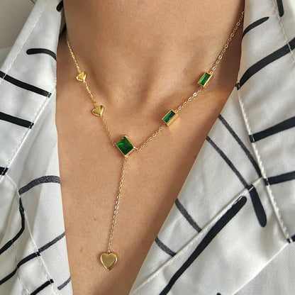 Green diamond style crystal necklace chain 18k gold plated