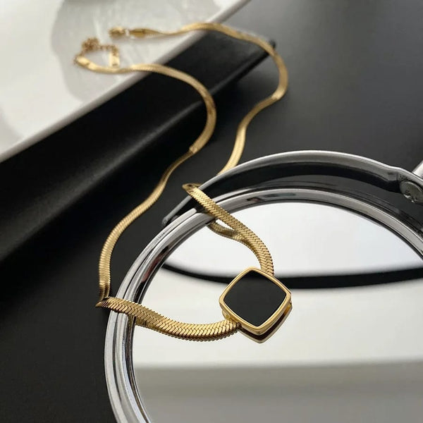 Gold flat snake chain herringbone necklace stainless steel simple blade chain with black square enamel pendant chokar