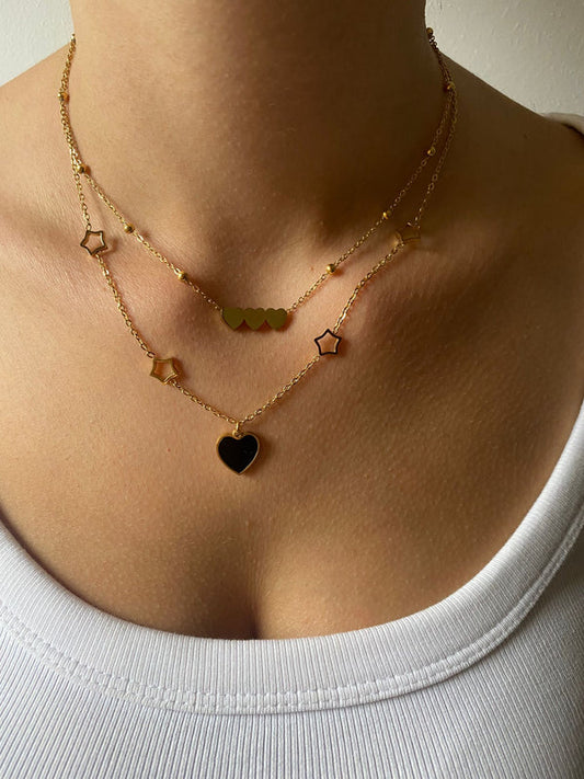 Double chain black heart with clovers 18k gold plated